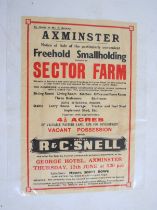 An R&C Snell (Axminster) poster for the sale of Sector Farm, Sector Lane, Axminster, dated