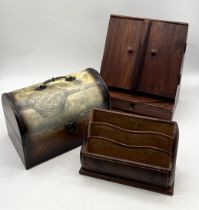 A hardwood stationary box along with a leather desk tidy etc.