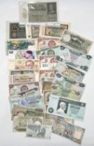 A collection of banknotes including Libya 10 Dinar, Central Bank of China etc.