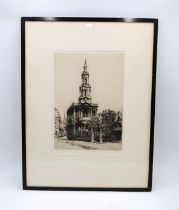 A framed etching signed by 'Fred A. Farrell', with blind stamps - 55cm x 42cm