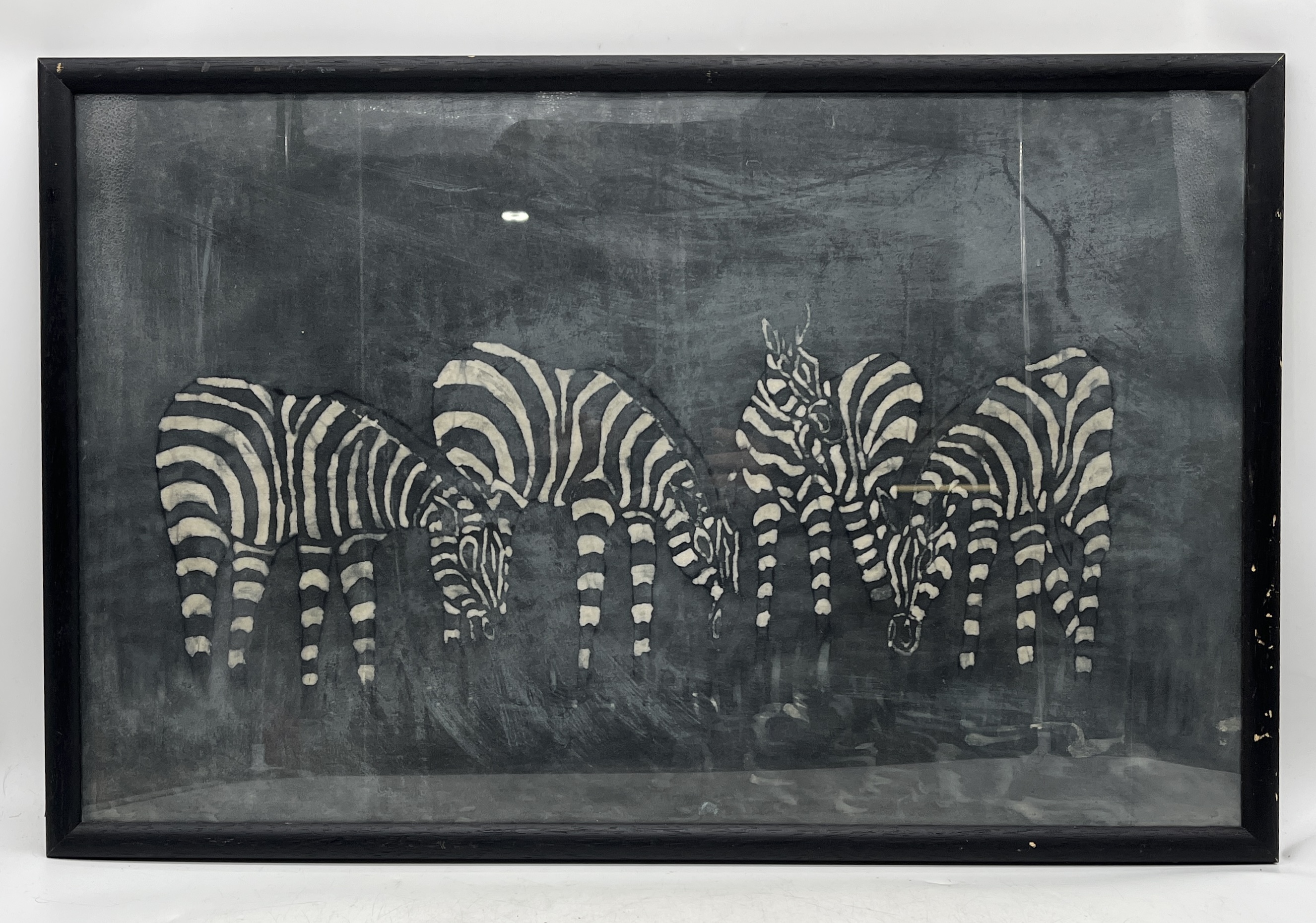 A painted silk picture of Zebras grazing - 48cm x 75cm
