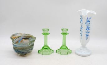 An art glass bowl, along with a pair of Art Deco glass candlesticks and a Victorian glass vase