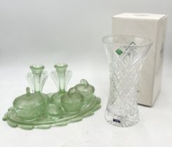 A vintage green glass dressing table set along with a boxed Edinburgh Crystal cut glass vase