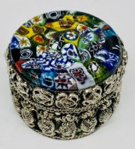 An Eastern silver trinket box with Millefiori glass lid