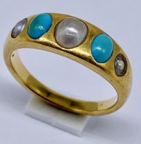 A Victorian 15ct (tested) ring set with turquoise and pearls, weight 5.6g, size M 1/2