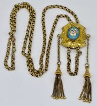 A Victorian yellow metal enamel and hand painted pendant on 'slide chain', total weight 17.2g