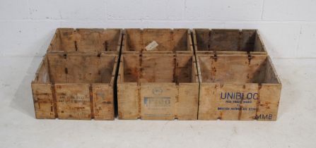 Six wooden crates, some marked 'Unibloc' and 'Frico, Leeuwarden, Holland' - length 38cm, depth 31cm,