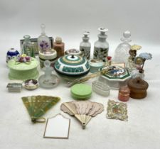 A collection of scent bottles, dressing table pots including Crown Derby etc