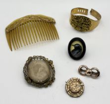 A Victorian gilt metal bracelet along with a 9ct gold mounted hair comb (A/F) swivel cameo/photo