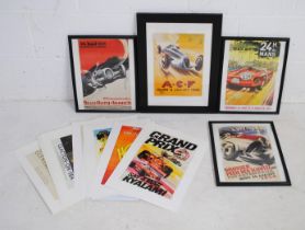 A quantity of vintage style prints relating to motor racing and travel, including four framed