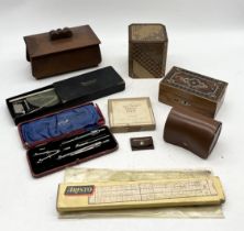 A collection of drawing instruments, wooden boxes etc.