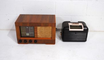 A vintage Bush DAC-10 bakelite radio, along with a cased Etronic R640 radio