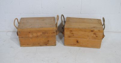 Two vintage wooden crates, with rope handles