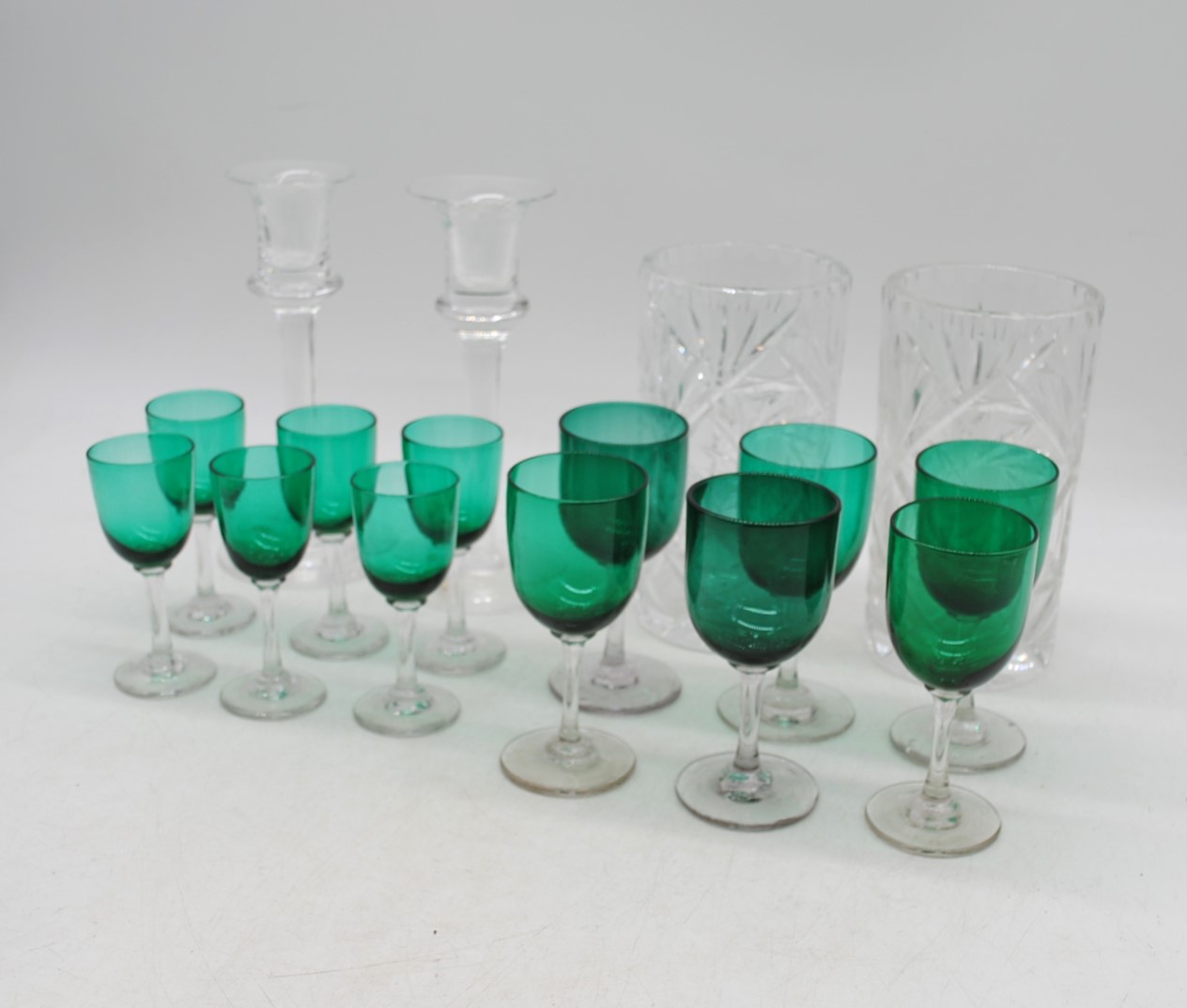 A small quantity of glassware, including a set of six Victorian green sherry glasses and a set of - Image 2 of 7