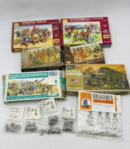 A small collection of boxed military related plastic and metal figurines including Zvezda, HAT,