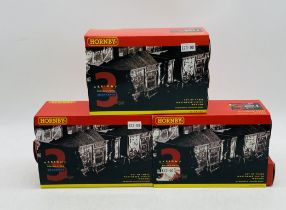 Three boxed Hornby OO gauge set of three weathered finished wagons including Vee Tank Wagons (