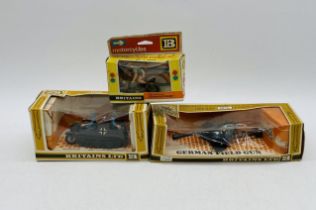 Three boxed vintage Britains Ltd metal and plastic models including a military Half Track Motorcycle