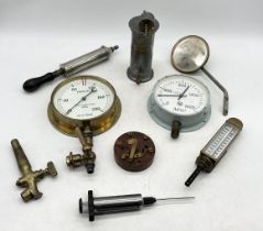 A collection of various items including a pewter Eguisier, pressure meters, thermometer, GPO war