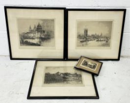 A collection of five framed etchings by Albany E. Howarth, four of London scenes with a