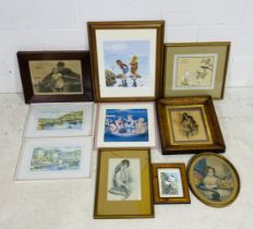 A collection of various framed pictures including harbour scenes, Beryl Cook, puffins etc