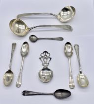 A pair of hallmarked silver ladles (1 A/F), silver caddy spoon and various silver teaspoons- some