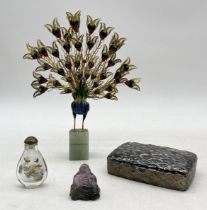 A cloisonne peacock on jade base, glass scent bottle and amethyst quartz seated Buddha etc.