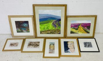 A collection of framed art work by local artist Sue Warren including watercolours, etchings, mix