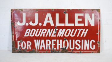 A vintage enamel advertising sign for J. J. Allen, Bournemouth 'For Warehousing' - 76.5cm x 153cm