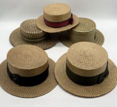 A collection of five vintage straw boaters including Lincoln Bennett, G.A. Dunn & Co, Woodrow etc.