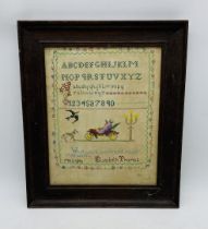 A wooden framed Victorian sampler by Elizabeth Thomas, dated 1890, depicting a dog, bird, automobile