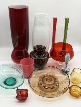 A collection of various art glass including two large vases, Whitefriars etc.