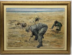 An oil on board showing a group of people digging on the shoreline, possibly clamdigging or similar,
