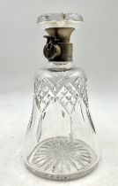 A cut-glass decanter with lockable silver collar (no key), inscription to rear of collar reads "U