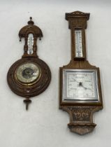 Two vintage wooden barometers, both with carved detailing