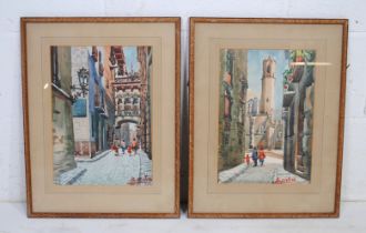 Two framed watercolours of street scenes, with indistinct signatures, possibly reading 'B