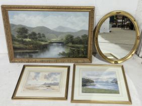 A collection of pictures including large oil on canvas of a river scene and two watercolours along