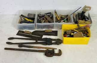 A Record 936 Bolt cutter, a Record 36 wrench along with a selection of hand tools, mallet, saw,