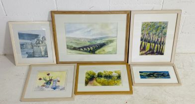 A collection of five framed watercolours, acrylic and mixed media paintings by artist Kay Hicks,