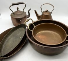 Collection of copper items including large jam pan, two kettles etc.