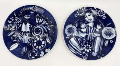 Two Rosenthal blue and white chargers one with female figure and the other of a bird