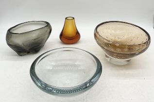 A collection of glass comprising of Whitefriars lobed smoky vase and amber hambone base, Orrefors