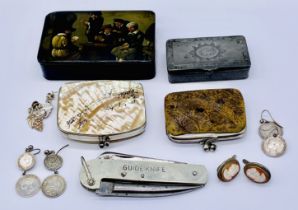 Two small purses, a lacquered snuff box decorated with a tavern scene, a Guide Knife and three pairs