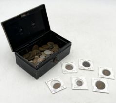 A collection of various coinage including uniface farthing, halfpenny etc.