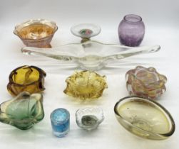A collection of various art glass including large clear glass centrepiece, Murano etc.