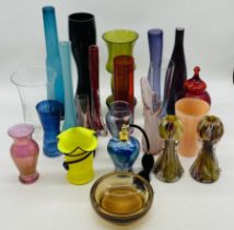 A collection of studio art glass including a Whitefriars bubble design bowl, vases etc