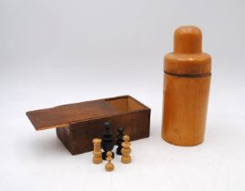 A glass scent bottle in wooden treen holder, along with a box wood chess set (complete)