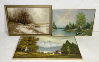 Three large oil on canvas paintings of landscapes, largest signed Johnston