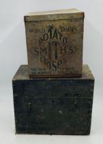 A vintage Smith's Potato Crisps tin, along with a small wooden storage box