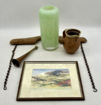 A miscellaneous assortment of items including a dairy yoke, a hunting horn, an art glass vase, a