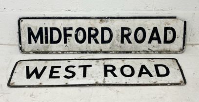 Two vintage metal road signs for Midford Road and West Road